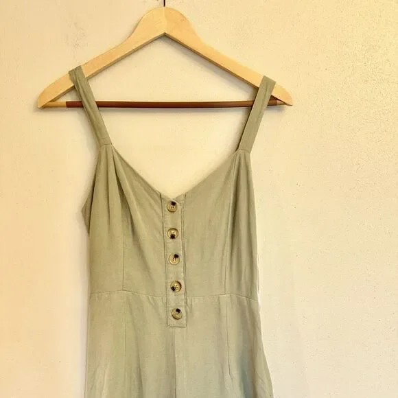 Lulus Small Sage‎ Green Striped Jumpsuit Wide Leg Button Front Adjustable Straps - Picture 2 of 16
